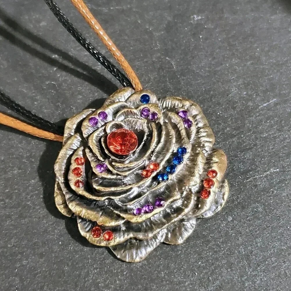 Rustic Antique Bronze Rhinestones Rose Flower Pendant Necklace Vegan Leather